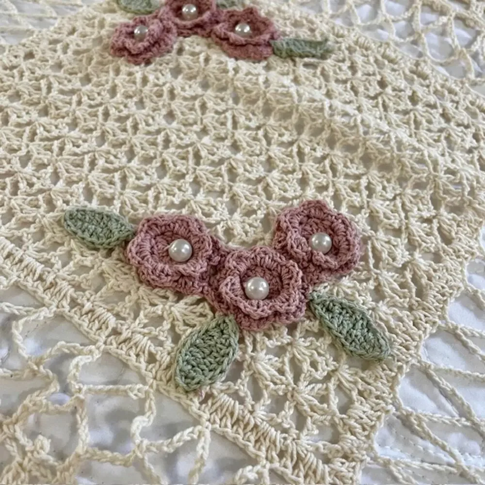 Hand Crocheted Bedspread Floral Applique King 95x83 Cottagecore Girls Bedroom